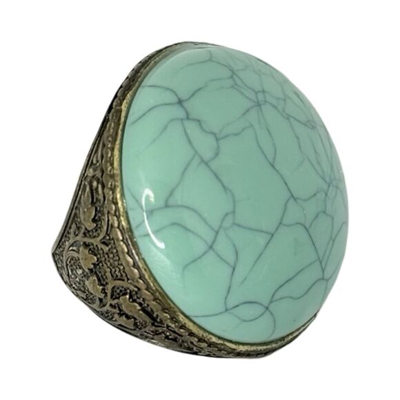VTG Large Dome Round Faux Turquoise Filigree Brass Statement Ring Size 7 - Picture 11 of 13